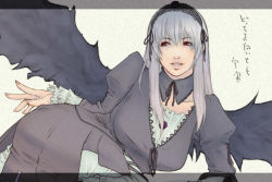 Rule 34 | 00s, 1girl, alva, arm support, bad id, bad pixiv id, blue hair, grey hair, long hair, red eyes, rozen maiden, smile, solo, suigintou, wings