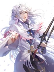 Rule 34 | 1boy, ahoge, bishounen, black pants, boba, center frills, fate/grand order, fate (series), flower, flower knot, frills, hair between eyes, hair ornament, highres, holding, holding staff, holding weapon, hood, hood down, hooded robe, long hair, long sleeves, male focus, merlin (fate), multicolored hair, open mouth, pants, petals, pink ribbon, purple eyes, ribbon, robe, simple background, solo, staff, tassel, turtleneck, two-tone hair, upper body, very long hair, weapon, white background, white hair, white robe, wide sleeves