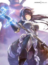 Rule 34 | 1boy, 1girl, ainz ooal gown, armor, armored boots, armored dress, bad id, bad pixiv id, black dress, black hair, black panties, black pants, blue eyes, blunt bangs, boots, breasts, breasts apart, dress, electricity, floating hair, from below, holding, holding staff, large breasts, long dress, long hair, looking at viewer, maid headdress, mitsu (mitsu art), narberal gamma, overlord (maruyama), panties, pants, parted lips, solo focus, staff, underwear, very long hair