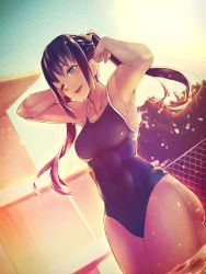 Rule 34 | 1girl, abs, armpits, arms up, ass, black hair, blue eyes, blue one-piece swimsuit, blurry, blush, bonkiru, breasts, collarbone, covered navel, depth of field, dutch angle, hand in own hair, highres, large breasts, light particles, long hair, one-piece swimsuit, one eye closed, open mouth, original, outdoors, pool, school swimsuit, sidelocks, smile, solo, sunset, swimsuit, teeth, thighs, toned, twintails, wading