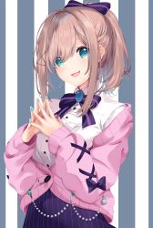 Rule 34 | 1girl, :3, :d, absurdres, bad id, bad pixiv id, blue eyes, blue nails, bow, bowtie, breasts, brown hair, cardigan, center frills, collared shirt, commentary request, fingernails, frilled shirt, frills, hair ornament, hair ribbon, hairclip, highres, kurogane tekki, long sleeves, looking at viewer, medium breasts, medium hair, nail polish, nijisanji, off shoulder, open cardigan, open clothes, open mouth, partial commentary, pink cardigan, pinstripe pattern, pinstripe skirt, ponytail, purple bow, purple bowtie, ribbon, shirt, skirt, smile, solo, steepled fingers, striped clothes, striped skirt, suzuhara lulu, suzuhara lulu (1st costume), vertical-striped clothes, vertical-striped skirt, virtual youtuber, white shirt, x hair ornament