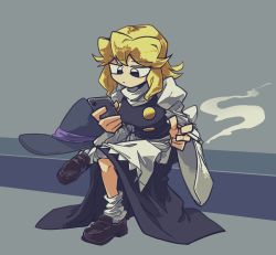 Rule 34 | 1girl, amerika zarigani, apron, black eyes, black hat, black skirt, black vest, blonde hair, blouse, breasts, brown footwear, buttons, cigarette, closed mouth, commentary request, cookie (touhou), expressionless, full body, grey background, hat, highres, holding, holding cigarette, holding phone, kirisame marisa, loafers, looking at phone, loose socks, medium breasts, medium hair, phone, shirt, shoes, sitting, skirt, smoke, socks, solo, touhou, turtleneck, unworn hat, unworn headwear, vest, waist apron, white apron, white legwear, white shirt, witch hat, yuuhi (cookie)