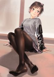 Rule 34 | 1girl, ahoge, arm support, blush, brown hair, crossed ankles, feet, head tilt, highres, indoors, kilye kairi, knees together feet apart, knees up, light smile, looking at viewer, no shoes, on floor, original, pantyhose, pleated skirt, purple eyes, shiny clothes, shirt, short hair, sidelocks, sitting, skirt, sleeves past wrists, soles, solo, toes