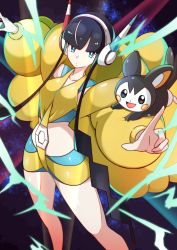 Rule 34 | 1girl, absurdres, bad id, bad pixiv id, black hair, blue eyes, blunt bangs, breasts, coat, collarbone, commentary request, creatures (company), elesa (pokemon), emolga, energy, feet out of frame, fur coat, game freak, gen 5 pokemon, gym leader, headphones, highres, holding, holding poke ball, index finger raised, long sleeves, looking to the side, miyama (yakinikusushi the royal), nintendo, outstretched arms, poke ball, poke ball (basic), pokemon, pokemon (creature), pokemon bw2, shiny clothes, short hair with long locks, yellow coat