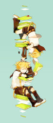 Rule 34 | 1boy, 1girl, aqua eyes, blonde hair, book, brother and sister, closed eyes, glider (artist), highres, kagamine len, kagamine rin, marker, open mouth, pen, short hair, siblings, simple background, sleeping, twins, vocaloid