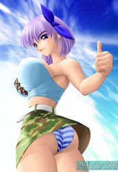 Rule 34 | 1girl, armpits, ass, ayane (doa), bare shoulders, breasts, covered erect nipples, dead or alive, huge breasts, large breasts, onoe, panties, pantyshot, purple eyes, purple hair, solo, strapless, striped clothes, striped panties, tecmo, tube top, underwear