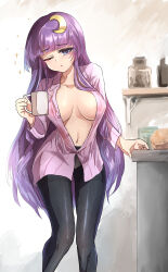 Rule 34 | 1girl, ;o, black pantyhose, breasts, cleavage, coffee mug, crescent, crescent hair ornament, crescent pin, cup, hair ornament, highres, large breasts, long hair, morning, mug, namiki (remiter00), no bra, one eye closed, open clothes, open shirt, pantyhose, patchouli knowledge, purple eyes, purple hair, shirt, sleepy, solo, squeans, striped clothes, striped shirt, touhou, underwear, vertical-striped clothes, vertical-striped shirt, waking up