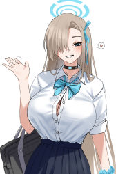 Rule 34 | 1girl, asuna (blue archive), bag, black choker, blue archive, blue bow, blue bowtie, blue eyes, blue scrunchie, blue skirt, blush, bow, bowtie, breasts, brown hair, choker, commentary request, gachou, hair over one eye, hand up, heart, large breasts, long hair, looking at viewer, one eye covered, parted lips, pleated skirt, scrunchie, shirt, shirt tucked in, short sleeves, shoulder bag, simple background, skirt, smile, white background, white shirt, wrist scrunchie
