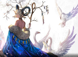Rule 34 | amulet, androgynous, animal ears, armlet, bird, blue cape, blue eyes, cape, chinese zodiac, detached collar, dream catcher, from behind, gender request, goat ears, goat horns, happy new year, holding, holding staff, horns, jewelry, looking at viewer, looking back, new year, off shoulder, oollnoxlloo, original, parted lips, short hair, silver hair, solo, staff, swan, topless, watermark, web address, year of the goat, year of the ram