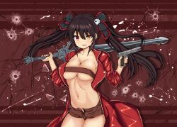 Rule 34 | 1girl, black hair, breasts, brown hair, bursting breasts, cleavage, coat, cosplay, dante (devil may cry), date a live, devil may cry (series), gun, heterochromia, holding, large breasts, legs, looking at viewer, midriff, navel, open clothes, open coat, open mouth, red eyes, short shorts, shorts, smile, solo, strapless, sword, thighs, tokisaki kurumi, tube top, twintails, unbuttoned, unzipped, weapon, yellow eyes