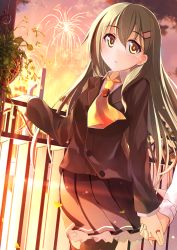 Rule 34 | 10s, 1girl, ascot, blush, fireworks, green hair, hair ornament, hairclip, holding hands, highres, jewelry, kantai collection, long hair, netarou, petals, ring, skirt, solo focus, sunset, suzuya (kancolle), thighhighs, yellow eyes