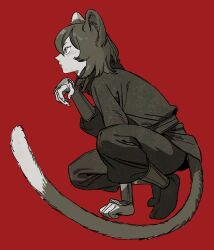Rule 34 | 1girl, aguan, animal ears, cat ears, cat girl, cat tail, dungeon meshi, from side, full body, greyscale, greyscale with colored background, highres, izutsumi, monochrome, pants, profile, red background, short hair, simple background, socks, solo, squatting, tail, tongue, tongue out