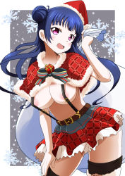 Rule 34 | :d, bad id, bad pixiv id, belt, black thighhighs, blue hair, box, breasts, capelet, christmas, commentary request, fur-trimmed capelet, fur trim, gift, gift box, hair bun, hand on own leg, hat, holding, holding sack, large breasts, long hair, looking at viewer, love live!, love live! sunshine!!, naruse mai, navel, neck ribbon, no bra, no shirt, open mouth, over shoulder, plaid capelet, purple eyes, red capelet, red skirt, ribbon, sack, santa hat, side bun, single side bun, skirt, smile, snowflakes, snowing, solo, striped ribbon, suspender skirt, suspenders, thighhighs, tsushima yoshiko