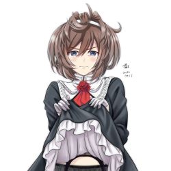 Rule 34 | 1girl, alternate costume, ascot, black dress, blue eyes, brown hair, clothes lift, dress, dress lift, enmaided, flower, garter belt, gloves, half gloves, kantai collection, lifted by self, long hair, long sleeves, maid, messy hair, neck flower, out-of-frame censoring, red ascot, red flower, red rose, rose, sheffield (kancolle), shirt, simple background, solo, tk8d32, white gloves, white shirt