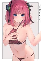 Rule 34 | 1girl, absurdres, bikini, black ribbon, blue eyes, blunt bangs, blush, breasts, character name, closed mouth, go-toubun no hanayome, grey background, hair ribbon, highres, large breasts, nakano nino, navel, red hair, ribbon, simple background, skindentation, solo, standing, stomach, stomach tattoo, swimsuit, tan, tanline, tattoo, to gemichi, upper body