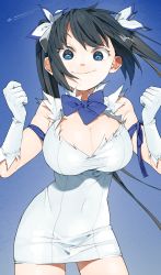 Rule 34 | 10s, 1girl, aircraft, airplane, black hair, blue background, blue bow, blue bowtie, blue eyes, bow, bowtie, breasts, cleavage, clenched hands, covered navel, cowboy shot, day, dungeon ni deai wo motomeru no wa machigatteiru darou ka, female focus, gloves, hair ribbon, hana (dqkmb362), hestia (danmachi), highres, large breasts, long hair, looking at viewer, narrow waist, outdoors, rei no himo, ribbon, skin tight, smile, solo, standing, twintails, very long hair, white gloves, wide hips