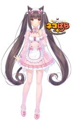 Rule 34 | 1girl, animal ear fluff, animal ear legwear, animal ears, apron, bell, blunt bangs, blush, bow, bowtie, breasts, brown eyes, brown hair, cat ear legwear, cat ears, cat girl, cat tail, chocola (nekopara), cleavage, cleavage cutout, clothing cutout, commentary, dress, english commentary, frilled apron, frilled dress, frills, hand up, jingle bell, juliet sleeves, logo, long hair, long sleeves, name tag, nekopara, official art, pink bow, pink bowtie, pink dress, pink footwear, pink thighhighs, puffy sleeves, sayori (neko works), shoes, simple background, slit pupils, small breasts, smile, solo, tail, thighhighs, twintails, very long hair, waist apron, white background, zettai ryouiki