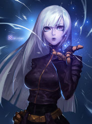 Rule 34 | 1girl, artist name, gloves, glowing, hand on own hip, highres, kula diamond, lipstick, long hair, looking up, magic, makeup, pale skin, purple hair, red eyes, snow, snowflakes, solo, the king of fighters, white hair, wind, xiaoguimist