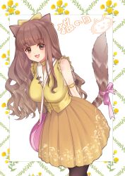 Rule 34 | 1girl, :3, animal ears, arms behind back, bag, between breasts, bow, breasts, brown eyes, brown hair, cat ears, cat girl, cat tail, chami (charming621), choker, flower, hair bow, highres, lapel pin, large breasts, leaning forward, long hair, long skirt, looking at viewer, open mouth, original, pantyhose, plant, pleated skirt, ribbon, sailor collar, see-through, see-through sleeves, short sleeves, shoulder bag, skirt, smile, solo, striped tail, tail, tail ornament, tail raised, tail ribbon, translation request, very long hair