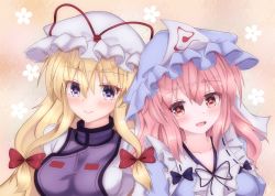 Rule 34 | 2girls, blonde hair, blue headwear, breasts, cherry blossoms, collarbone, commentary request, dress, floral background, gradient background, hair between eyes, hair ribbon, hat, hat ribbon, head tilt, heads together, ibuibuyou, large breasts, light blush, long hair, looking at viewer, mob cap, multiple girls, open mouth, partial commentary, pink background, pink eyes, pink hair, purple eyes, ribbon, saigyouji yuyuko, short hair, signature, smile, standing, tabard, touhou, tress ribbon, triangular headpiece, upper body, very long hair, white dress, white headwear, yakumo yukari