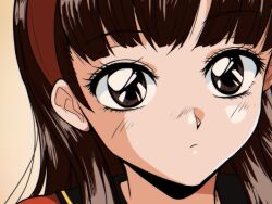 Rule 34 | 1girl, amagi yukiko, brown background, brown eyes, brown hair, close-up, closed mouth, eyelashes, hairband, long hair, looking at viewer, persona, persona 4, portrait, red hairband, red shirt, retro artstyle, shirt, solo, yuyuy 00