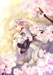 Rule 34 | 1girl, bow, breasts, cherry blossoms, female focus, hat, highres, japanese clothes, kalalasan, large breasts, long sleeves, lying, obi, pink hair, red eyes, saigyouji yuyuko, sash, short hair, smile, solo, touhou, triangular headpiece, wide sleeves
