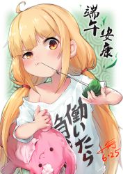 Rule 34 | 1girl, ahoge, blonde hair, blush, clothes writing, collarbone, dated, food, food on face, futaba anzu, half-closed eye, idolmaster, idolmaster cinderella girls, long hair, low twintails, mouth hold, off shoulder, red eyes, rice, rice on face, shirt, short sleeves, signature, solo, stuffed animal, stuffed rabbit, stuffed toy, translation request, twintails, uneven eyes, upper body, very long hair, white shirt, xiaoyu, you work you lose