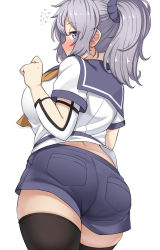Rule 34 | 1girl, aoba (kancolle), ass, black thighhighs, blue scrunchie, blue shorts, breasts, commentary request, cowboy shot, from behind, grey hair, highres, kantai collection, konoshige (ryuun), large breasts, messy hair, midriff peek, neckerchief, ponytail, purple eyes, school uniform, scrunchie, serafuku, shirt, short shorts, shorts, simple background, solo, thighhighs, thighs, white background, white shirt, yellow neckerchief