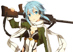 Rule 34 | 10s, 1girl, bad id, bad pixiv id, blue eyes, blue hair, breasts, hair ornament, kinta (distortion), matching hair/eyes, over shoulder, scarf, short hair, simple background, sinon, small breasts, sniper, solo, sword art online, upper body, weapon, weapon over shoulder, white background