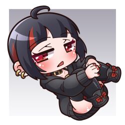 Rule 34 | 1girl, absurdres, ahoge, ass, black collar, black footwear, black hair, black hoodie, black thighhighs, blush, boots, chibi, collar, collarbone, commentary request, ear piercing, full body, gradient background, grey background, highres, hood, hood down, hoodie, hugging own legs, long sleeves, looking at viewer, multicolored hair, nail polish, open mouth, original, piercing, puffy long sleeves, puffy sleeves, red eyes, red hair, red nails, saishosaisekojo, sleeves past wrists, solo, streaked hair, thighhighs, thighhighs under boots, white background