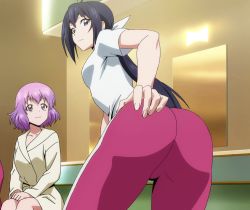 Rule 34 | 10s, 2girls, anime screenshot, ass, back, highres, kaminashi nozomi, kawai hanabi, keijo!!!!!!!!, multiple girls, pants, smile, standing, stitched, sweatpants, third-party edit, track pants