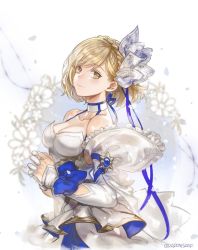 Rule 34 | 1girl, adoniszaf, artist request, bare shoulders, blonde hair, breasts, cleavage, collarbone, djeeta (granblue fantasy), granblue fantasy, looking at viewer, medium breasts, own hands clasped, own hands together, short hair, solo, twitter username, yellow eyes