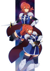 Rule 34 | 00s, 2girls, armor, blue background, chastel aiheap, eterno, highres, hisca aiheap, knight, multiple girls, ponytail, red eyes, red hair, siblings, sisters, sword, tales of (series), tales of vesperia, tales of vesperia: the first strike, thighhighs, twins, weapon