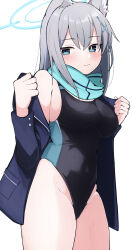 Rule 34 | 1girl, animal ears, bare legs, black jacket, black one-piece swimsuit, blazer, blue archive, blue eyes, blue halo, blue one-piece swimsuit, blue scarf, blush, breasts, closed mouth, competition swimsuit, cowboy shot, cross hair ornament, extra ears, grey hair, hair between eyes, hair ornament, halo, highleg, highleg swimsuit, highres, jacket, medium breasts, mismatched pupils, official alternate costume, one-piece swimsuit, open clothes, open jacket, removing jacket, scarf, shiroko (blue archive), shiroko (swimsuit) (blue archive), solo, swimsuit, thighs, two-tone one-piece swimsuit, wolf ears, yun (kbdenz9)