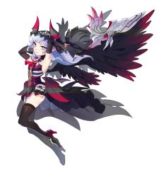 Rule 34 | 1girl, armpits, black thighhighs, blue eyes, detached sleeves, diadem, elsword, floating hair, full body, high heels, highres, horns, long hair, looking at viewer, luciela r. sourcream, midriff, navel, pointy ears, silver hair, smile, solo, stomach, thighhighs, transparent background, tsuji (ksi03164), very long hair