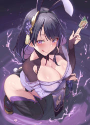 Rule 34 | 1girl, animal ears, arm under breasts, ass, blush, braid, breasts, bridal gauntlets, card, cherry blossoms, cleavage, closed mouth, commentary request, electricity, eyeliner, fake animal ears, fake tail, flower, genshin impact, hair ornament, holding, holding card, holding sword, holding weapon, japanese clothes, kimono, large breasts, leotard, licking lips, light particles, long hair, long sleeves, looking at viewer, makeup, mitsudomoe (shape), mole, mole under eye, padoruu, playboy bunny, purple eyes, purple flower, purple hair, rabbit ears, rabbit tail, raiden shogun, ribbon, shiny skin, smile, solo, sword, tail, tassel, thighhighs, tomoe (symbol), tongue, tongue out, weapon, wide sleeves
