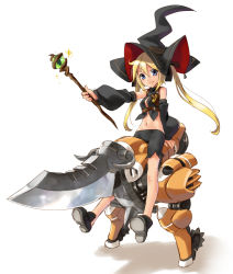 Rule 34 | 1girl, bare legs, bare shoulders, blonde hair, blue eyes, detached sleeves, full body, hat, katahira masashi, long hair, looking at viewer, midriff, navel, original, shorts, simple background, sitting, smile, solo, twintails, wand, white background, witch hat