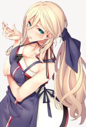 Rule 34 | 1girl, apron, aqua eyes, asakawa (outeq), bare shoulders, belt, blonde hair, blue bow, bow, breasts, cleavage, collarbone, commentary, dress, grey background, hair between eyes, hair bow, hair over shoulder, kantai collection, long hair, looking at viewer, low ponytail, mole, mole under eye, mole under mouth, richelieu (kancolle), sidelocks, simple background, solo, strapless, strapless dress, tongue, tongue out, white dress