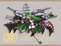 Rule 34 | 1girl, aiguillette, artist request, azur lane, boots, breasts, brown gloves, cape, character name, full body, gloves, gold trim, green hair, hair over one eye, italian flag, littorio (azur lane), long hair, medium breasts, necktie, outstretched arm, pantyhose, pixel art, red necktie, rigging, sardegna empire (emblem), simple background, solo, sword, weapon