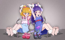 2girls ^^^ absurdres armpits arms_up asahina_mirai bare_legs barefoot black_footwear blonde_hair blue_dress blue_shorts blunt_bangs blush bound bound_toes bound_wrists bow braid breasts clenched_hands commentary dot_nose dress dress_over_shirt empty_room feet floral_print floral_print_dress folded_braid footwear_bow frilled_shirt frills full_body grabber_tool hair_bow hair_ornament high_ponytail highres indoors izayoi_liko long_hair long_sleeves looking_down mahou_girls_precure! mary_janes medium_hair multiple_girls neck_ribbon one_side_up parted_lips pinafore_dress pink_bow pink_eyes pink_footwear pink_ribbon pink_shirt plaid_clothes plaid_sleeves pom_pom_(clothes) pom_pom_hair_ornament ponytail precure puffy_short_sleeves puffy_sleeves purple_eyes purple_hair purple_shirt purple_socks ribbon shears shirt shirt_tucked_in shoes short_sleeves shorts side-by-side sitting sleeveless sleeveless_dress sleeves_past_elbows small_breasts socks soles tk_(t-k) toes torn_clothes torn_sleeves unworn_shoes unworn_socks waist_bow white_socks