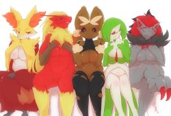Rule 34 | 5girls, animal ears, black legwear, black sclera, blaziken, blonde hair, blue eyes, blush, breasts, claws, cleavage, colored sclera, creatures (company), crossed legs, delphox, doritoru, embarrassed, female focus, fox ears, furry, furry female, game freak, gardevoir, gen 3 pokemon, gen 4 pokemon, gen 5 pokemon, gen 6 pokemon, green hair, hair over one eye, half-closed eyes, hands on own chest, hands up, large breasts, licking lips, long hair, looking at viewer, lopunny, mega lopunny, mega pokemon, multicolored hair, multiple girls, navel, nintendo, no humans, personification, pokemon, rabbit ears, red eyes, red hair, short hair, simple background, sitting, smile, thighhighs, tongue, tongue out, torn clothes, torn legwear, two-tone hair, white background, wolf ears, yellow sclera, zoroark