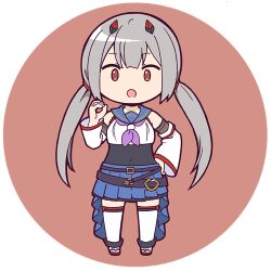 Rule 34 | 1girl, :o, assault lily, bare shoulders, belt, black belt, black shirt, blue skirt, blunt bangs, border, brown background, chibi, circle, commentary request, covered navel, crop top, detached sleeves, fujita asagao, full body, grey hair, hand on own hip, hand up, horns, layered sleeves, long hair, long sleeves, looking at viewer, low twintails, lowres, masaki itsuki, mechanical horns, miniskirt, multiple belts, neckerchief, odaiba girls high school uniform, ok sign, open mouth, pleated skirt, purple neckerchief, red eyes, red horns, round border, round image, sandals, school uniform, serafuku, shirt, simple background, skirt, sleeveless, sleeveless shirt, sleeves past wrists, solo, standing, thighhighs, transparent background, twintails, undershirt, very long hair, waist cape, white thighhighs, wide sleeves, zettai ryouiki, zouri