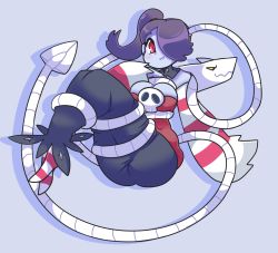Rule 34 | 1girl, ass, blue skin, blush, colored skin, dress, highres, onigiri punch, skullgirls, smile, solo, squigly (skullgirls), stitched mouth, stitches, striped legwear, zombie