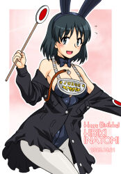 Rule 34 | 1girl, animal ears, between breasts, birthday, black dress, black eyes, black hair, blue leotard, bob cut, breasts, chain necklace, character name, clothes pull, commentary, cowboy shot, dated, dress, dress pull, english text, fake animal ears, flying sweatdrops, girls und panzer, gorget, happy birthday, holding, holding sign, inatomi hibiki, japanese tankery league judge uniform, jewelry, judge, leotard, leotard under clothes, long sleeves, looking at viewer, medallion, medium breasts, necklace, off shoulder, oosaka kanagawa, open mouth, pantyhose, partially unbuttoned, playboy bunny, rabbit ears, short dress, short hair, sign, smile, solo, standing, strapless, strapless leotard, uniform, whistle, white pantyhose