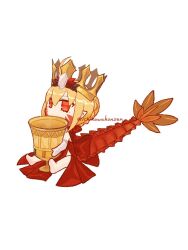 Rule 34 | 1girl, blonde hair, chalice, chibi, crown, cup, dragon tail, dress, facial mark, fate/grand order, fate (series), highres, holy grail (fate), ichikawahonzen, nero claudius (fate), nero claudius (fate) (all), pointy ears, queen draco (fate), red dress, red eyes, simple background, sitting, solo, tail, white background