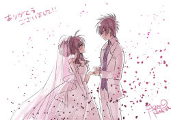 Rule 34 | 1boy, 1girl, artist name, bride, brother and sister, brown hair, dress, elbow gloves, gloves, groom, hano haruka, husband and wife, incest, jewelry, looking at another, petals, ring, rose petals, siblings, signature, siscon ani to brocon imouto ga shoujiki ni nattara, translated, tuxedo, uta (siscon ani to brocon imouto ga shoujiki ni nattara ), wedding, wedding dress, wedding ring