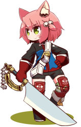 Rule 34 | 1girl, 7th dragon, 7th dragon (series), animal ears, blush, chibi, elbow gloves, fighter (7th dragon), full body, gloves, green eyes, harukara (7th dragon), holding, holding sword, holding weapon, looking away, naga u, pink hair, red gloves, smile, solo, sword, weapon