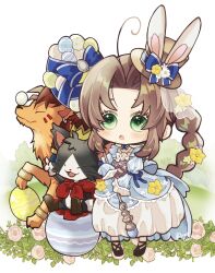 Rule 34 | 1girl, 2boys, aerith gainsborough, aerith gainsborough (classic coney), animal ears, arestear0701, artist name, balancing on nose, black footwear, black fur, blue choker, blue dress, blush, bow, braid, braided ponytail, brown hair, cait sith (ff7), cape, chibi, chibi only, choker, closed eyes, crown, dress, dress flower, earrings, easter, easter egg, egg, facial mark, fangs, final fantasy, final fantasy vii, final fantasy vii ever crisis, flower, full body, gloves, green eyes, hair flower, hair ornament, hat, hat bow, hat flower, hat with ears, highres, holding, holding staff, jewelry, juliet sleeves, long hair, long sleeves, mini crown, mini hat, multiple boys, official alternate costume, open mouth, orange fur, parted bangs, parted lips, puffy sleeves, rabbit ears, red cape, red hair, red xiii, ribbon choker, rose, sidelocks, single braid, smile, staff, two-tone fur, white flower, white fur, white gloves, yellow flower