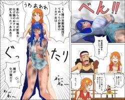 Rule 34 | 1boy, 2girls, bandaid, battle, black hair, blue hair, breasts, china dress, chinese clothes, cleavage, comic, dress, earrings, gloves, grin, horns, injury, jewelry, legs, long hair, looking at another, multiple girls, nami (one piece), one piece, orange hair, skirt, smile, speech bubble, torn clothes, translation request, usopp, wardrobe malfunction