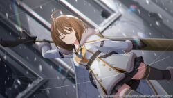 Rule 34 | 1girl, ahoge, arm belt, arm up, assault lily, belt, belt buckle, black belt, black gloves, black shirt, black skirt, black thighhighs, blurry, blurry background, boots, breasts, broken window, brown eyes, brown hair, buckle, building, buttons, cape, coat, collared shirt, commentary request, cowboy shot, day, dutch angle, fur-trimmed boots, fur-trimmed cape, fur-trimmed coat, fur trim, gloves, grin, hair between eyes, headphones, headphones around neck, highres, holding, holding weapon, jewelry, kawamura yuzuriha, knee boots, lens flare, long sleeves, looking at viewer, medium breasts, miniskirt, necklace, official art, one eye closed, outdoors, parted lips, pendant, pleated skirt, shirt, short hair, skirt, smile, snowing, solo, standing, thighhighs, thighhighs under boots, v-shaped eyebrows, watermark, weapon, weapon behind back, white cape, white coat, winter clothes, zettai ryouiki